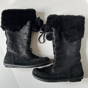 Teemix STACCATO Leather Sz 9 Suede Boots Tall Shearling Black VERY GOOD